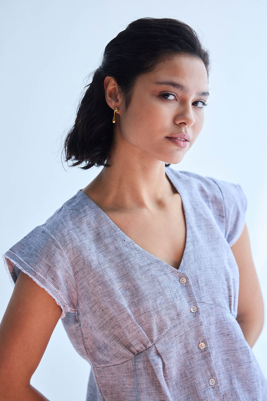 Deep V-neck short top in Linen Stripes