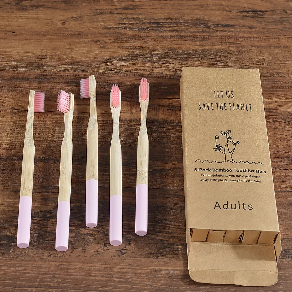 Cepillo de dientes de bambú para adultos, paquete de 5, cerdas medianas, ecológico, cuidado bucal