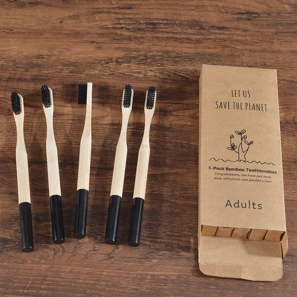 Cepillo de dientes de bambú para adultos, paquete de 5, cerdas medianas, ecológico, cuidado bucal
