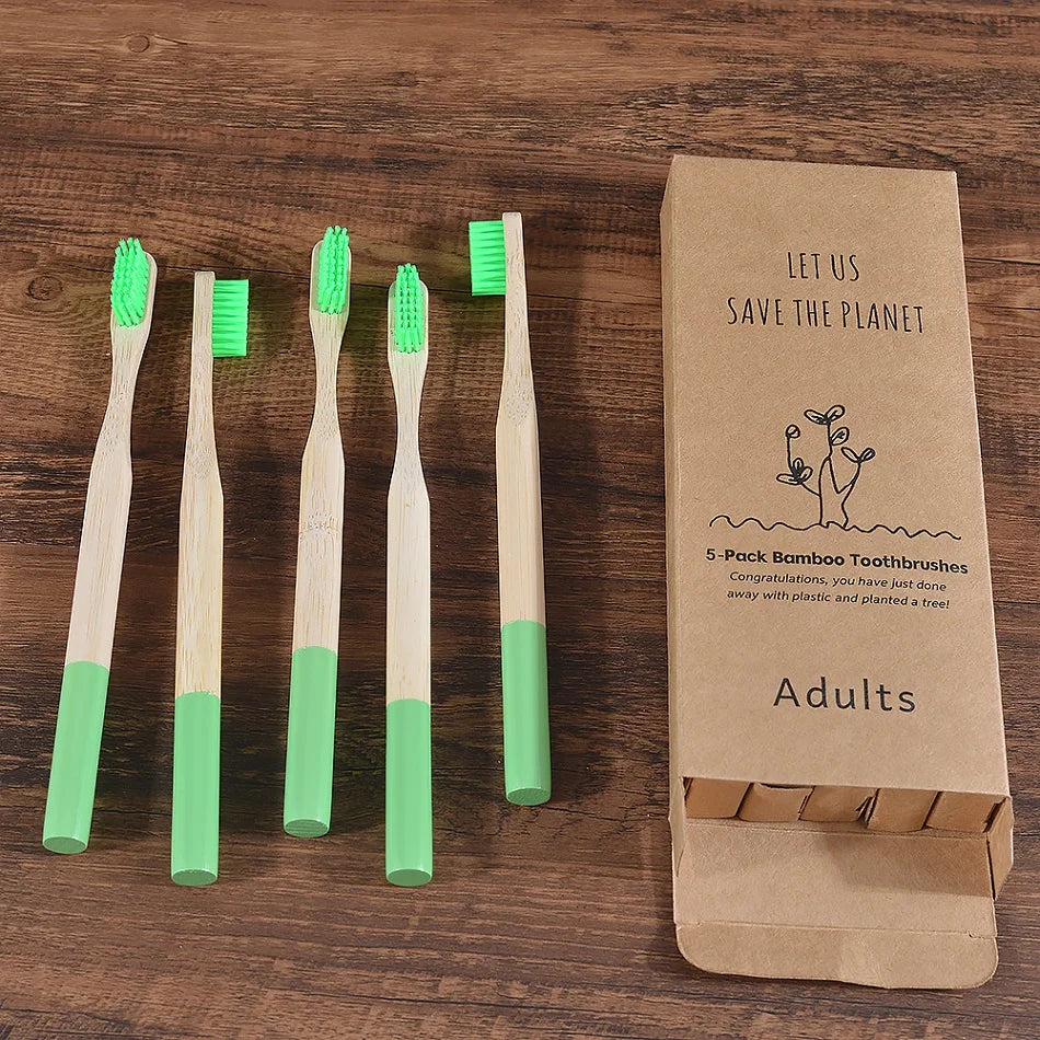 Cepillo de dientes de bambú para adultos, paquete de 5, cerdas medianas, ecológico, cuidado bucal