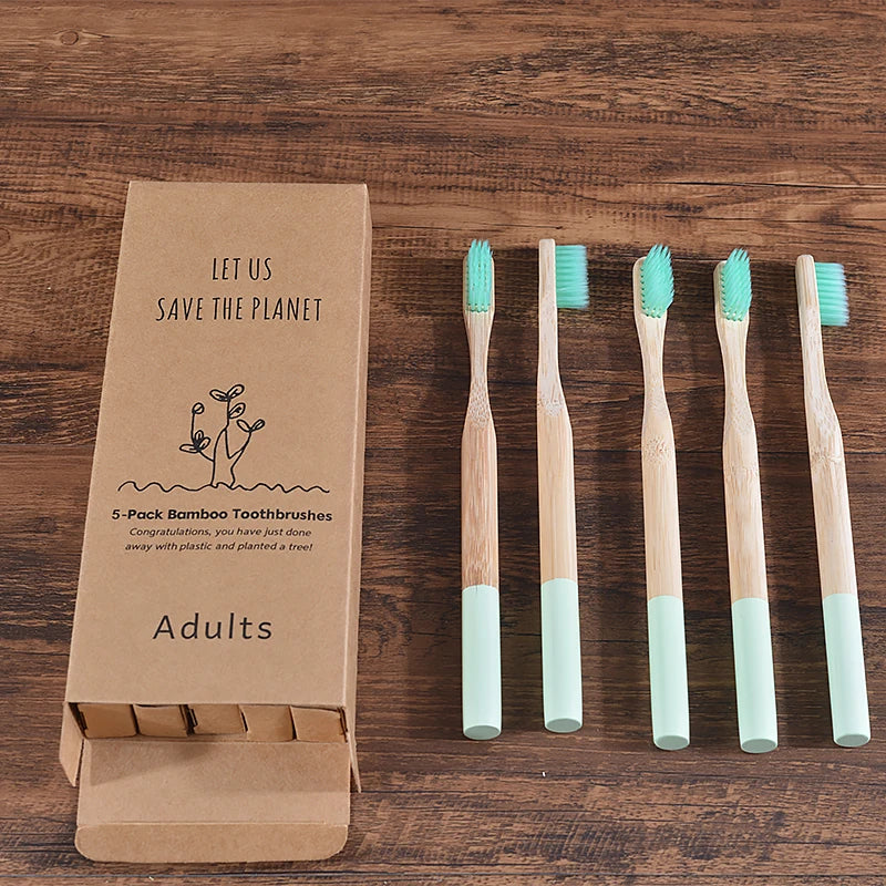 Cepillo de dientes de bambú para adultos, paquete de 5, cerdas medianas, ecológico, cuidado bucal