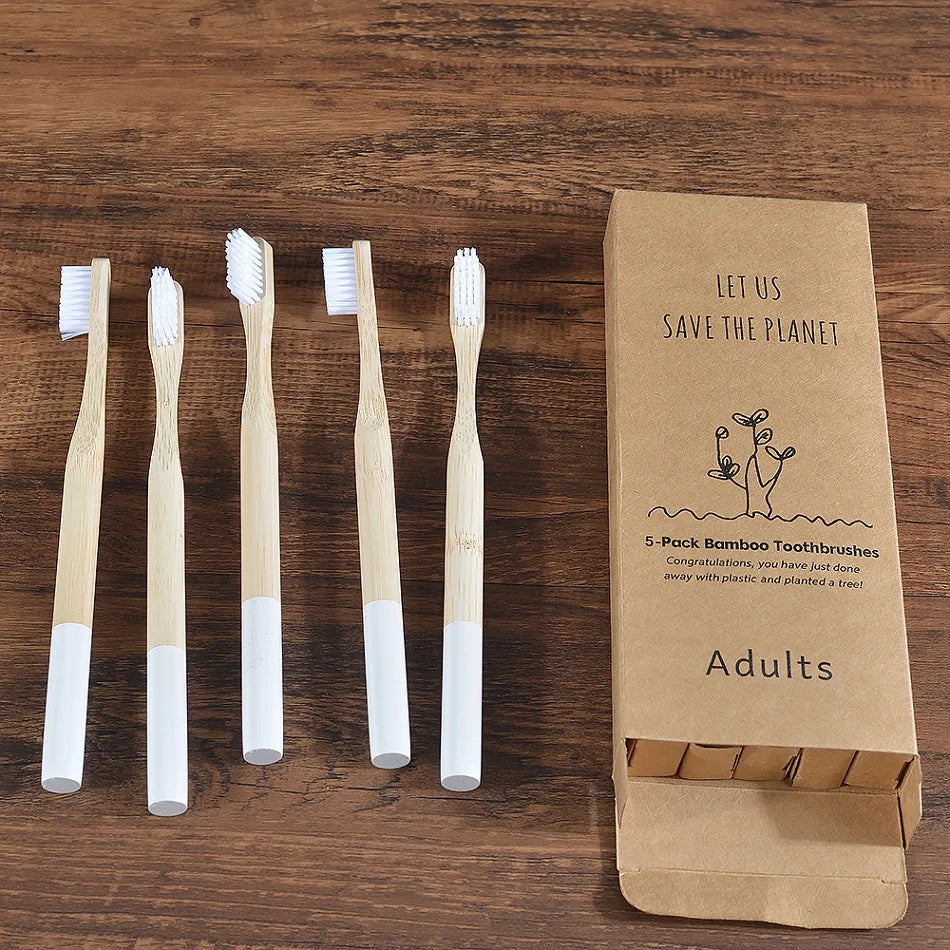 Cepillo de dientes de bambú para adultos, paquete de 5, cerdas medianas, ecológico, cuidado bucal