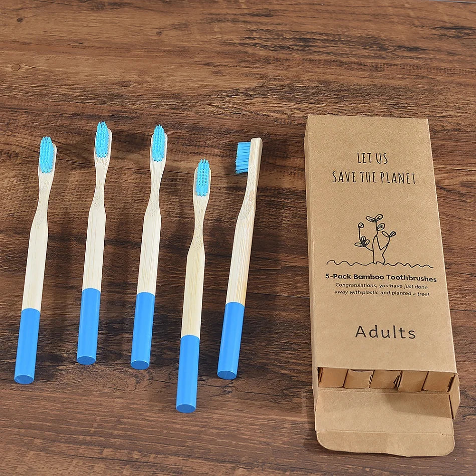 Pacote com 5 escovas de dentes de bambu para adultos, cerdas médias, ecológicas, escovas de dentes de bambu para cuidados bucais, clareador de dentes