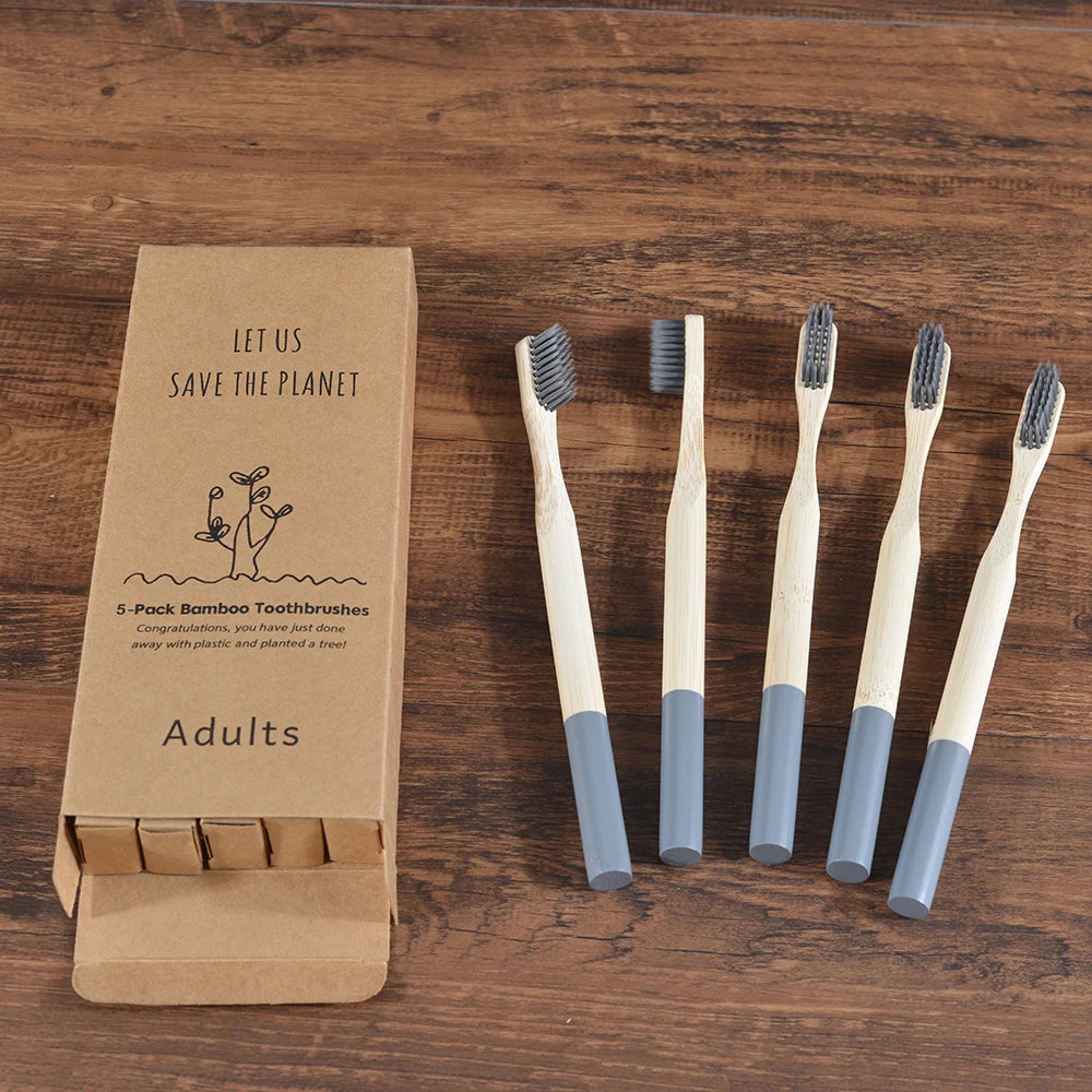 Cepillo de dientes de bambú para adultos, paquete de 5, cerdas medianas, ecológico, cuidado bucal