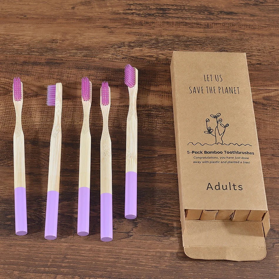 Cepillo de dientes de bambú para adultos, paquete de 5, cerdas medianas, ecológico, cuidado bucal