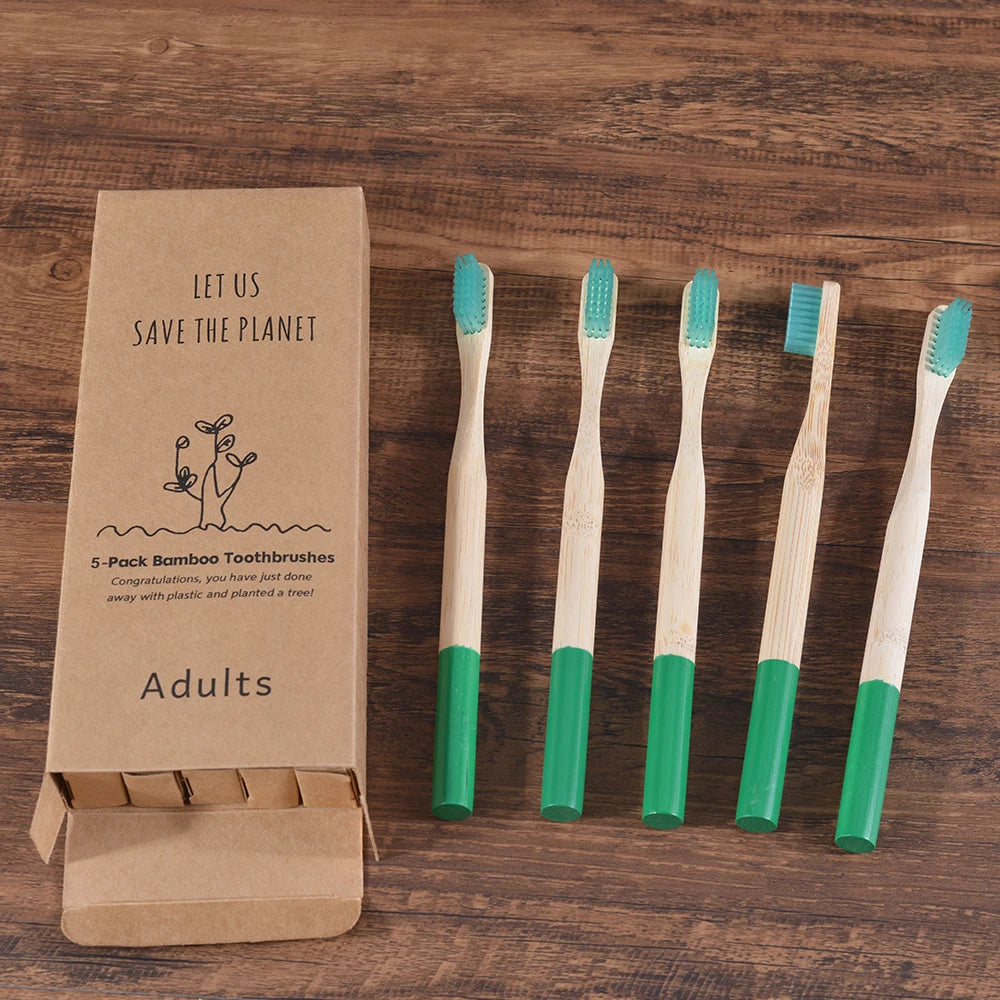 Cepillo de dientes de bambú para adultos, paquete de 5, cerdas medianas, ecológico, cuidado bucal