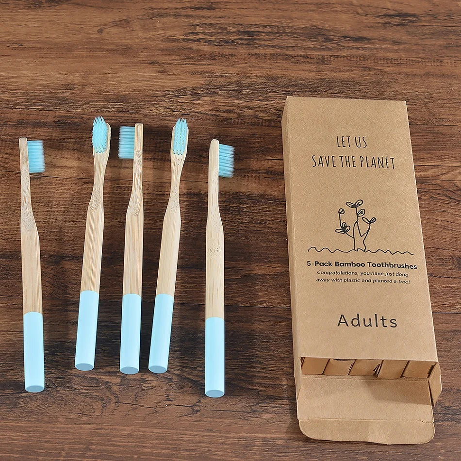 Cepillo de dientes de bambú para adultos, paquete de 5, cerdas medianas, ecológico, cuidado bucal