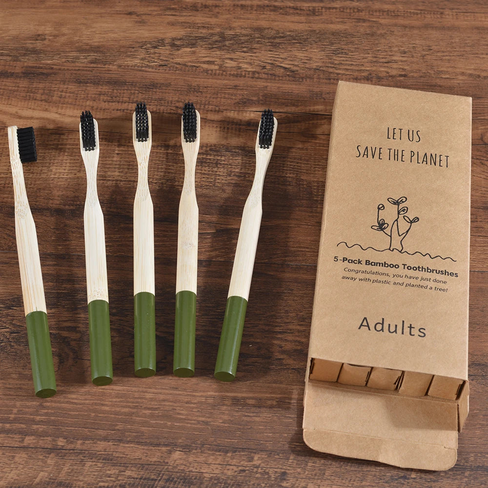 Cepillo de dientes de bambú para adultos, paquete de 5, cerdas medianas, ecológico, cuidado bucal