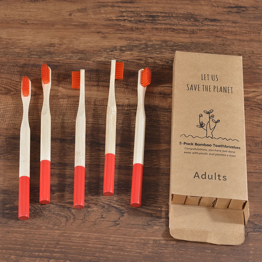 Cepillo de dientes de bambú para adultos, paquete de 5, cerdas medianas, ecológico, cuidado bucal