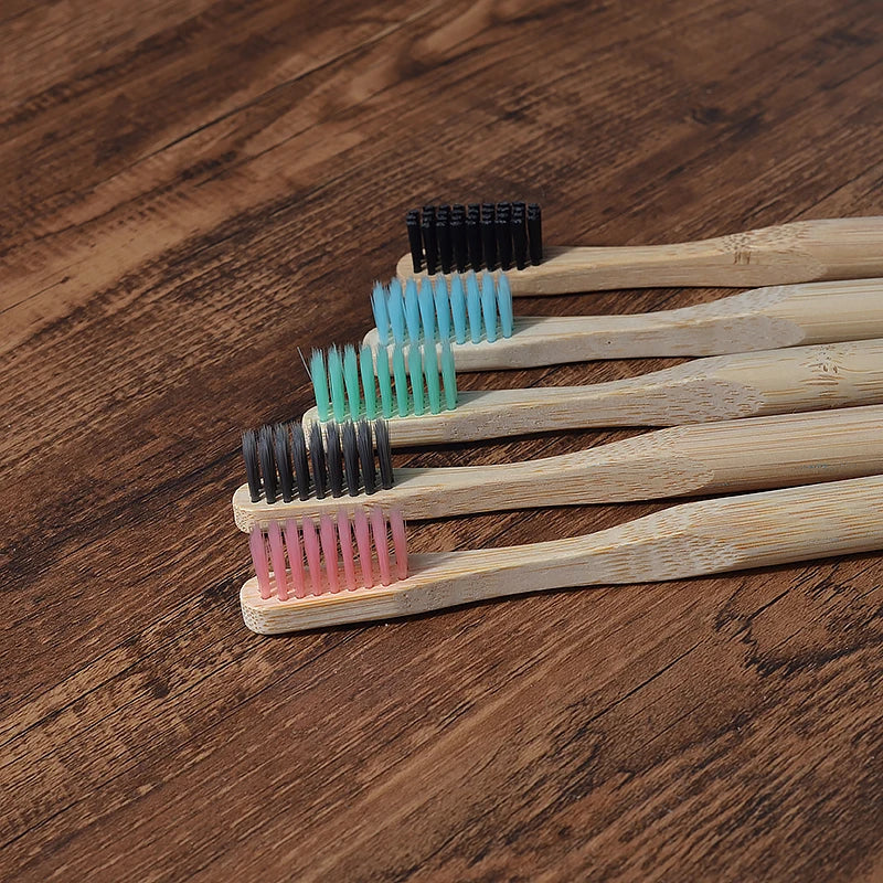 Pacote com 5 escovas de dentes de bambu para adultos, cerdas médias, ecológicas, escovas de dentes de bambu para cuidados bucais, clareador de dentes