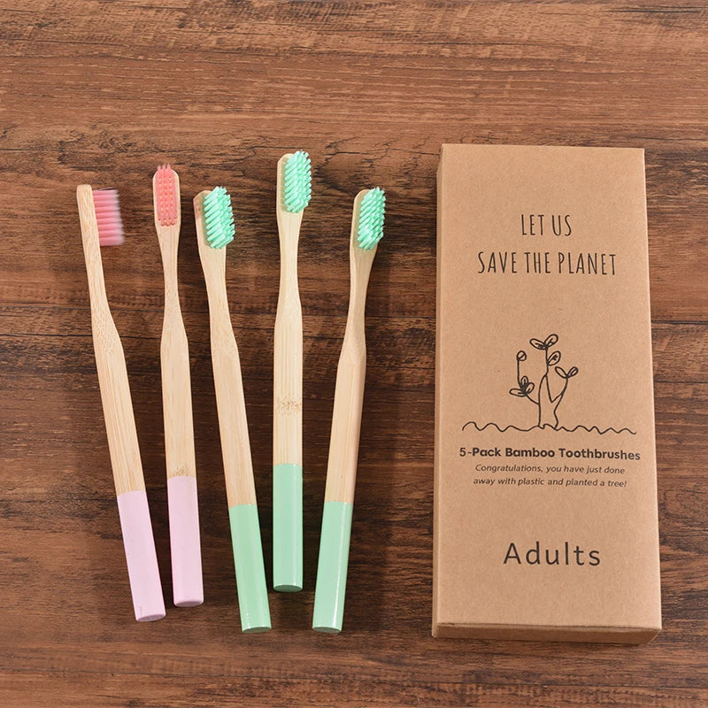 Cepillo de dientes de bambú para adultos, paquete de 5, cerdas medianas, ecológico, cuidado bucal